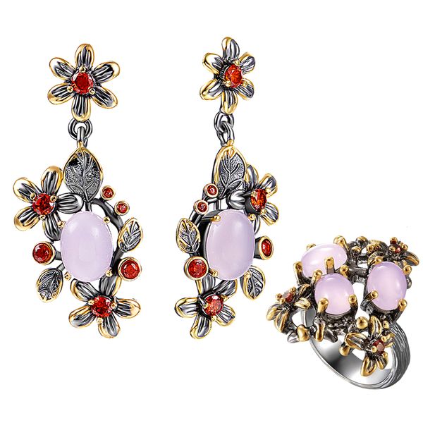 

beautiful pink red crystal earrings ring jewellery flower vintage black/gold color statement 2pcs jewelry sets, Silver