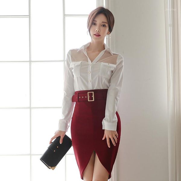 

in han edition temperament lapel shirt belt of tall waist waist skirts1, White