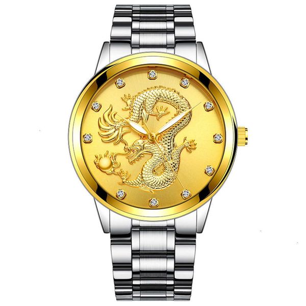

cologne element relief inlaid chinese fashion diamond steel belt quartz men's watch leisure steel belt golden dragon xizhu men's w, Slivery;brown