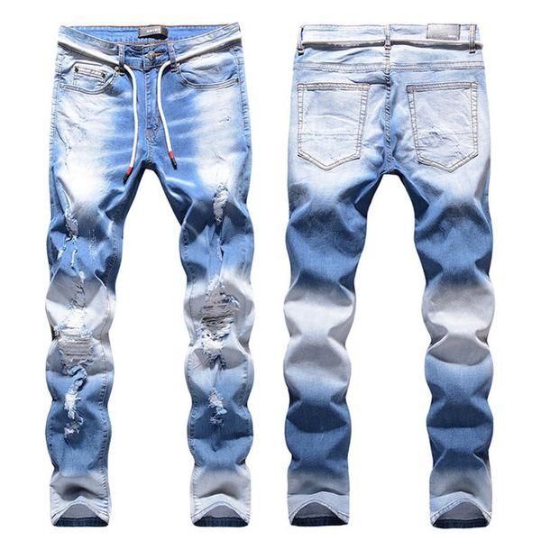 

high street fashion light blue hip hop brand jeans moustache effect knee holes stretch jeans skinny slim fit denim pants men mid