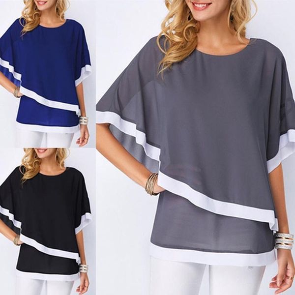 

plus size blouses for women 5xl patchwork double layer casual batwing tunic 2020 autumn large size chiffon shirts1, White