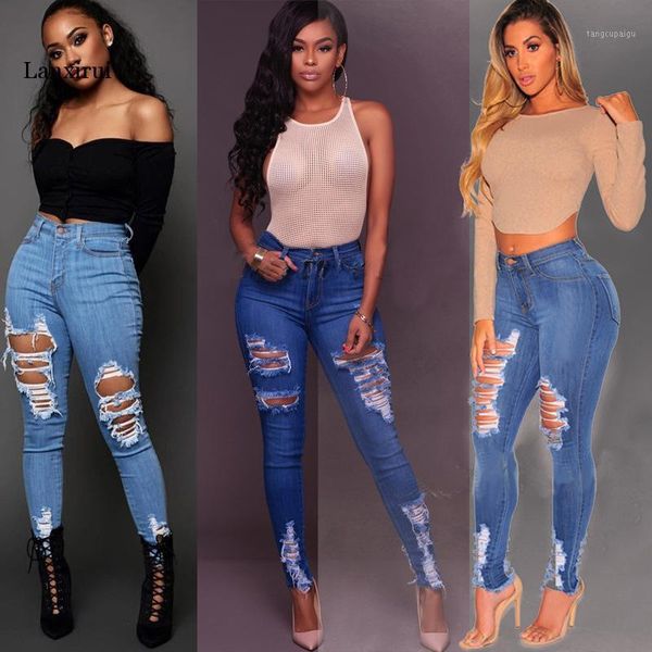 

women high waist jeans pants elastic holes ripped jeans 4 season skinny pencil pants woman casual trousers 20201, Blue