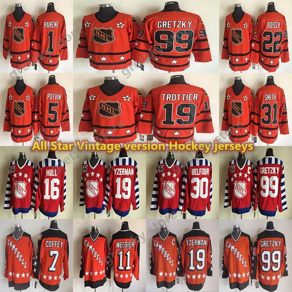 

all star vintage jerseys 99 gretzky 19 yzerman 16 hull 30 belfour 1 parent 5potvin 31 smith 11 messier hockey ccm jersey, Black;red