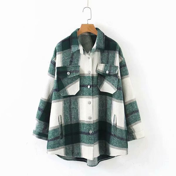 

evfer autumn stylish ladies za plaid loose woolen long jackets outwear oversize women long sleeve think shirt jacket coats chic 201126, Black;brown