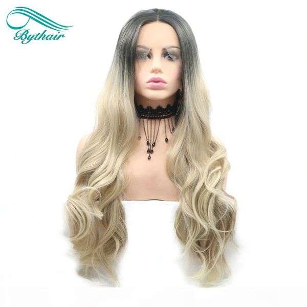 

bythair ombre blonde wigs brown roots long wavy wigs synthetic lace front wigs for women high density heat resistant fiber hair, Black