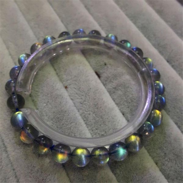 

women female 6mm genuine precious natural labradorite rainbow lights transparent crystal round bead stretch charm bracelet, Black