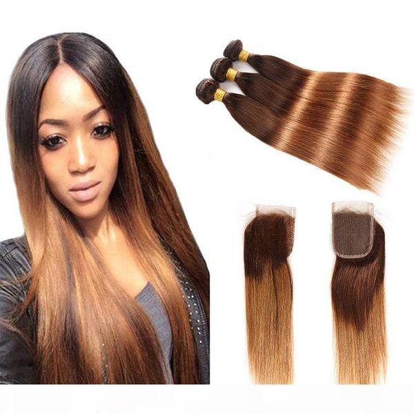 

предварительно окрашенные сырой перуанский волос 3 4 пачки с закрытием 4 30 # ombre коричневыми белым straight переплетения человеческих вол, Black;brown