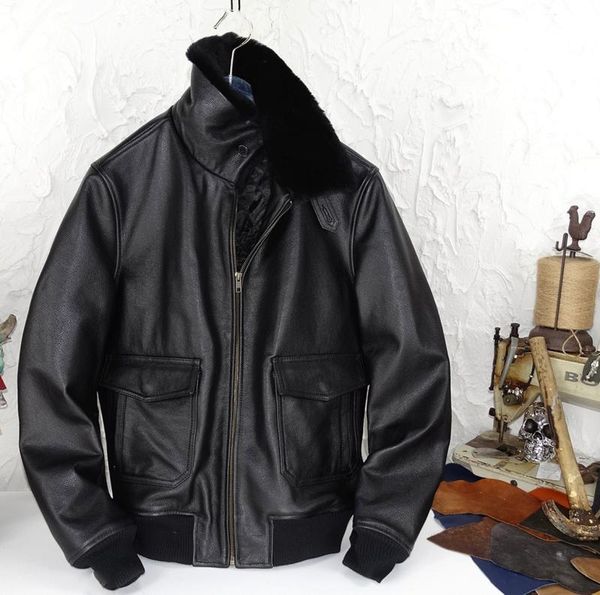 

padded really wool collar warm full-grain leather g1 flight leather jacket genuine clothes men's outerwear, Black