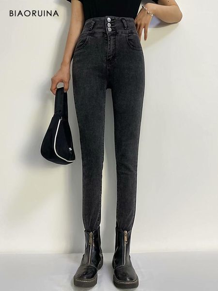 

biaoruina women's washing bleached skinny stretchy pencil jeans velvet liner female three button high waist fashion winter jeans1, Blue