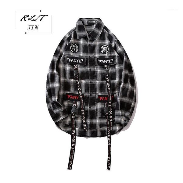 

rljt.jin 2019 new autumn fashion simple casual plaid shirt loose shirt with large pockets ribbons comfortable cotton material1, White;black