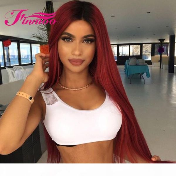 

#1b 99j ombre burgundy colored straight part lace front wig brazilian remy hair wigs for women 180% density transparent lace, Black;brown