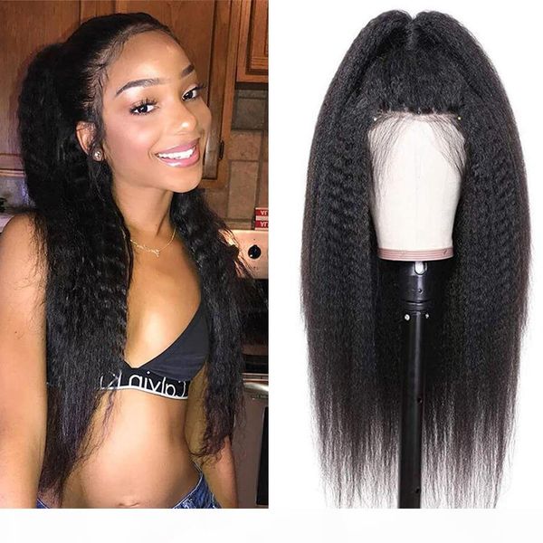 

360 lace frontal wig kinky straight hair 4x4 closure wig human hair 180 density glueless kinky straight wig, Black;brown