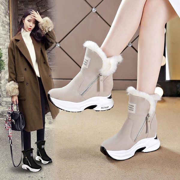 

women boots warm plush zipper winter shoes for ladies women snow cow suede inside height increasing, Black