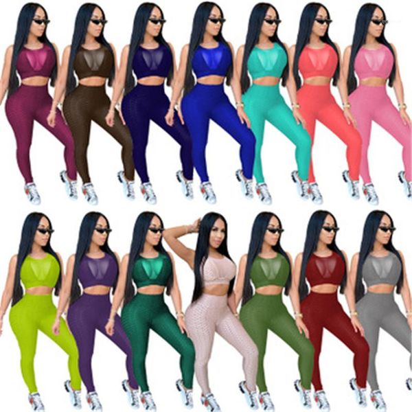 

sports sets fashion round neck high waist short suits ladies perspective 2pcs tracksuits designer female new sleeveless yoga, Gray