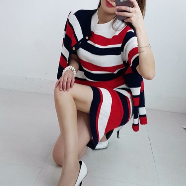 

new three piece set 2020 autumn dress dress korean style striped knitted fashion cardigan with hip wrap skirt set 1v9oo, Gray
