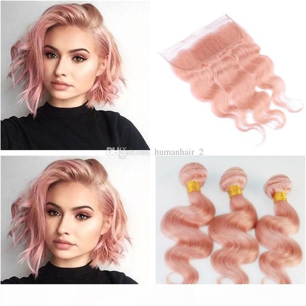 

pink lace frontal with bundles light rose gold body wave human hair wefts with 13*4 lace frontal closure peruvian virgin hair 4pcs lot, Black;brown