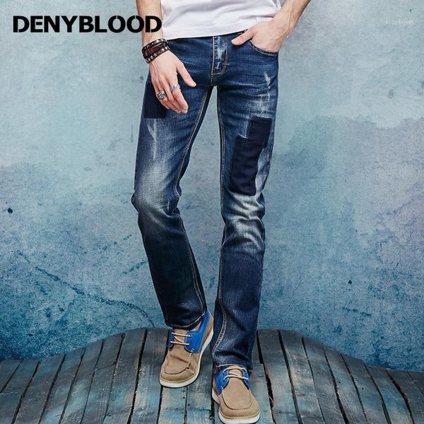 

men's jeans denyblood mens stretch denim slim straight distressed ripped patchwork fashion casual pants trousers 1580121, Blue