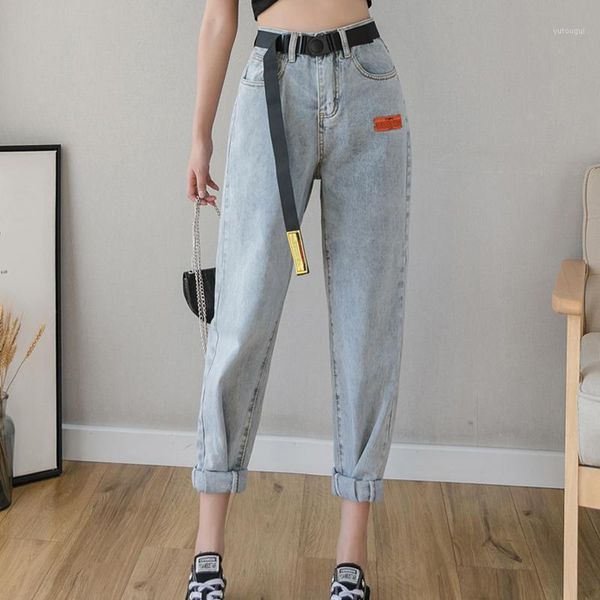 

s-2xl plus size denim jeans pants woman belted casual harem pants washed ladies straight leg jeans vintage womens mom1, Blue