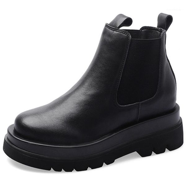 

boots sorphio female brand women shoes solid elastic platform chunky heel round toe slip on ankle boots1, Black