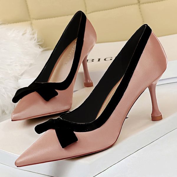 

2020 new spring fashion women 8cm thin high heels wedding shoes butterfly knots silk pink pumps women formal silver bridal shoes, Black