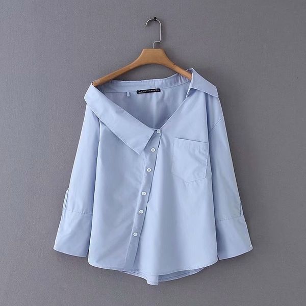 

new women fashion irregular turn down solid color casual blouse shirts women off shoulder femininas blusas chic lj200831, White