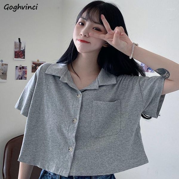 

shirts women solid crop short sleeve summer single breasted loose ins simple fashion casual female preppy korean tees1, White