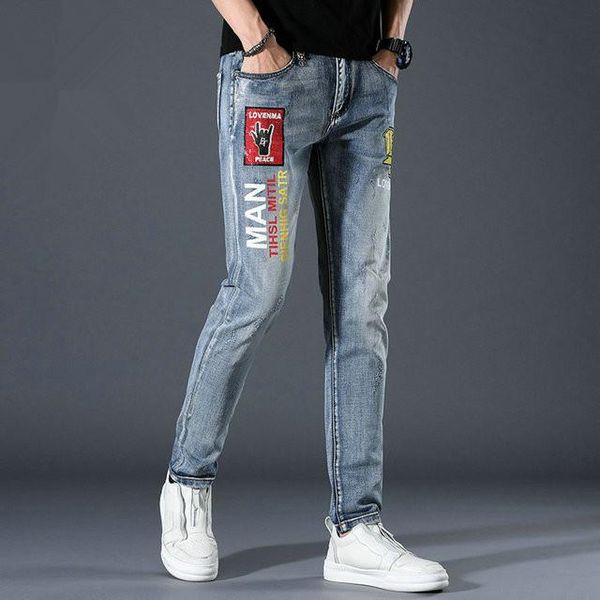 

men's jeans distressed bicycle cycling jeans skinny hip-hop style slim-fit printing fashion letters denim pants good quality, Blue