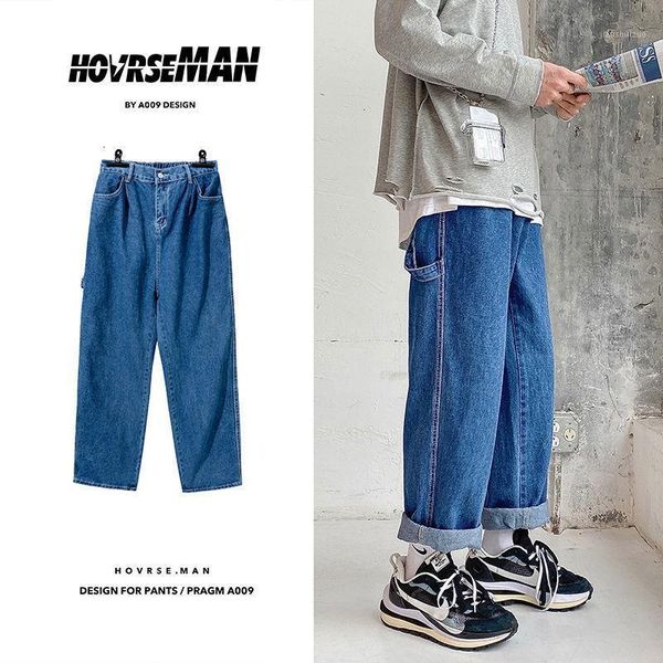 

man fashion straight solid casual jeans mans 2020 korean style jeans couple loose denim pants male bottoms clothing1, Blue