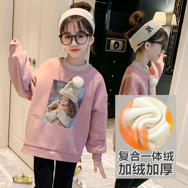 

wear autumn and winter 2020 children's girls' casual wool collar plush thickened printed sweater, Black