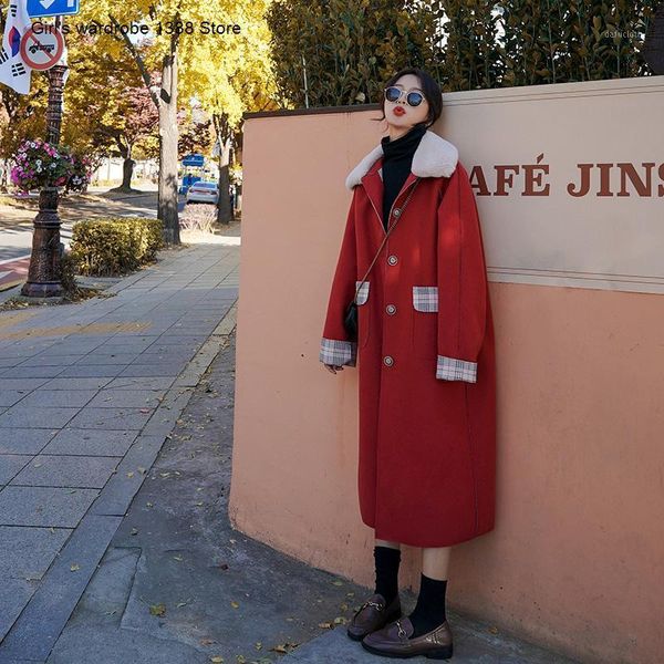 

red plaid woolen coat women's middle long korean loose popular autumn winter monsoon woolen coat1, Black