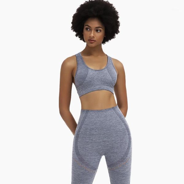 

ladies seamless breathable fitness suit sweat-absorbent running two-piece quick-drying sport fitness suit cross strap sports bra1, Gray