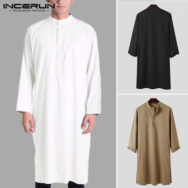 

incerun men muslim shirt cotton long sleeve solid color stand collar button long men vintage dubai islamic arabic kaftan1, Red