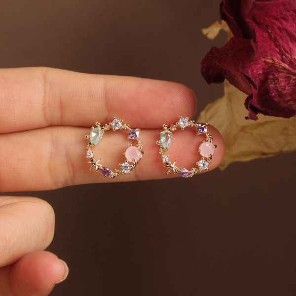 

stud shiny side accessories opal beads flower earrings for women simple style gift crystal, Golden;silver