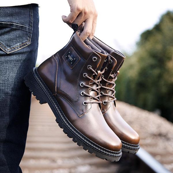 

reetene winter ankle boots shoes men genuine leather wearable casual men boots retro tooling male plush warm army footwear1, Black