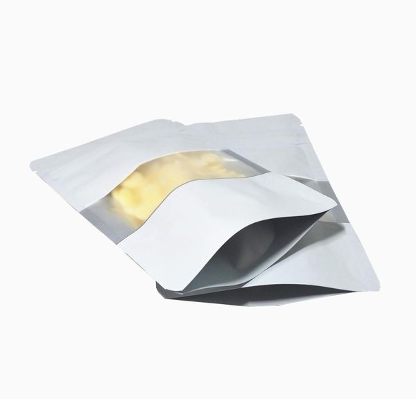 

100pcs/lot matte white aluminum foil food doypack zip lock package bag with window reclosable mylar zipper pouches for snack retail wmtovn
