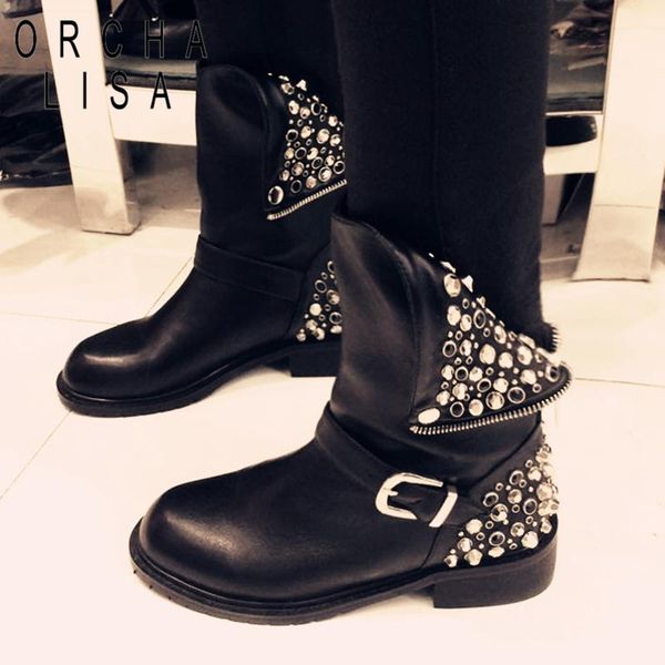 

orcha lisa quality pu+genuine leather boots rivets square heels autumn winter ankle boots fur snow shoes woman c059, Black