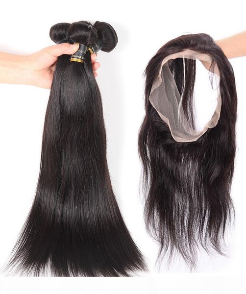 

3 pcs hair extensions with 1 pcs 360 lace closure human hair weaves wefts malaysian 360 straight lace frontal closure with hair bundle, Black