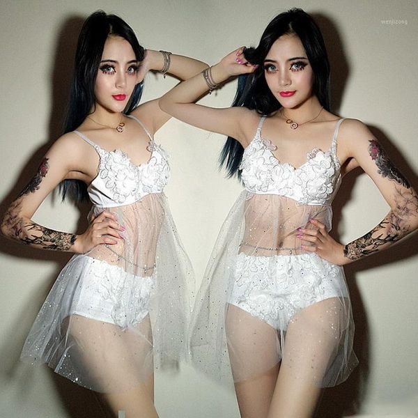 

white flower bikini nightclub performance costume pole dance bra pant sequin yarn summer drag queen stage costume 9211, Black;red