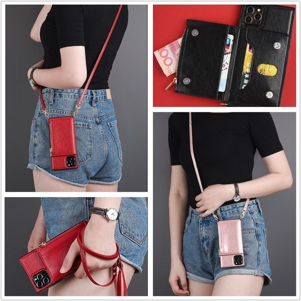 

zipper card pocket pu leather crossbody strap cord square case for iphone 12 mini 11 pro max xr x 7 8 plus se 2020 phone cover