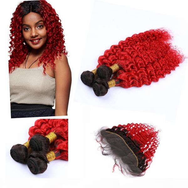 

ombre 3wavy бразильский связки с closure фронтального 13" * 4" уши уши deep wave # 1b #red ombre плетение расширения bundle, Black;brown