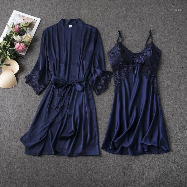 

women's robe & gown sets bathrobe + mini night dress two pieces sleepwear womens sleep set faux silk nightwear1, Black;red