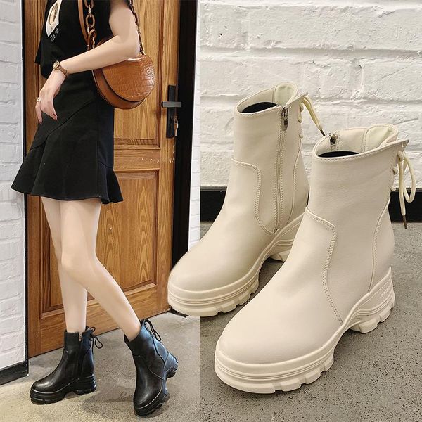 

size 35-51 nice new women ankle rain boots autumn soft concise back lace up shoes woman flat heels female casual platform boot, Black