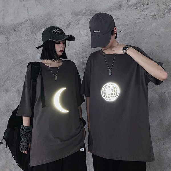 

french couple's summer short sleeve 2020 new korean version of ins super fire brand night reflective half sleeve women's class dre, White