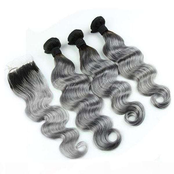 

9a human hair bundles with lace closure two tone color 1b sliver gray lace closure with body wave human hair weaves dark roots, Black;brown