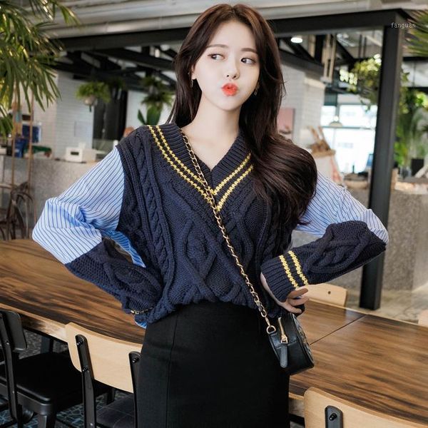 

twist v neck knitted sweater off shoulder patchwork striped pulover feminino loose white blue c.h.i.c korean style women autumn1, White;black