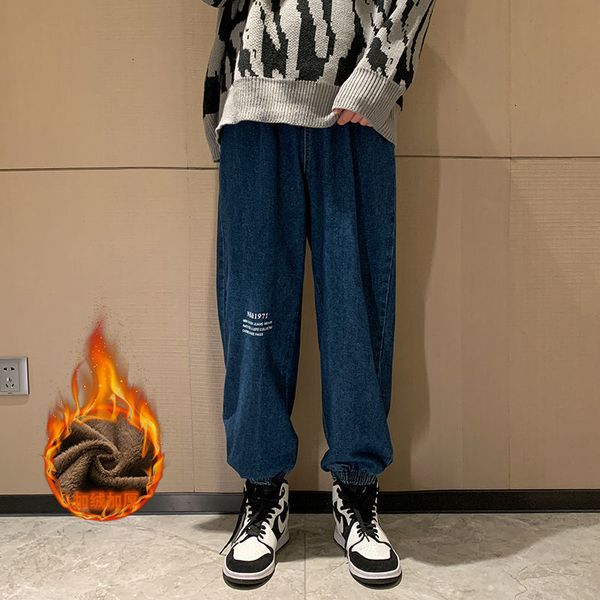 

2021 new men's denim pants casual oversize thicken warm man hip hop korean streetwear jeans 9j6g, Blue