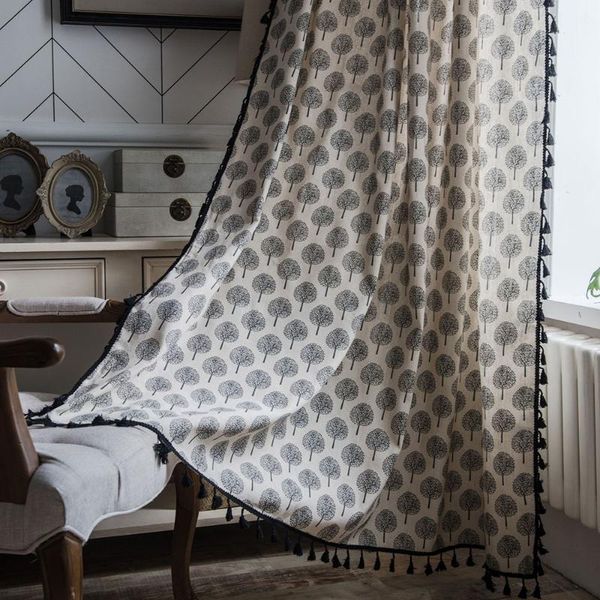 

grey tree curtain with tassel for living room blinds french windows door curtain semi blackout cotton finished curtains