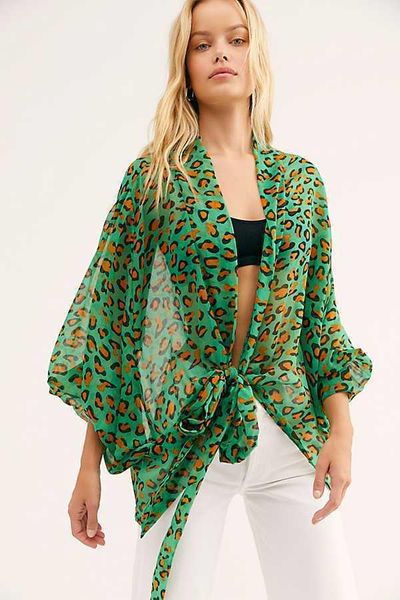 

fashion print kimono cape women chiffon blouse cardigans casual beach sleeve blusa plus size covers up tunic, White