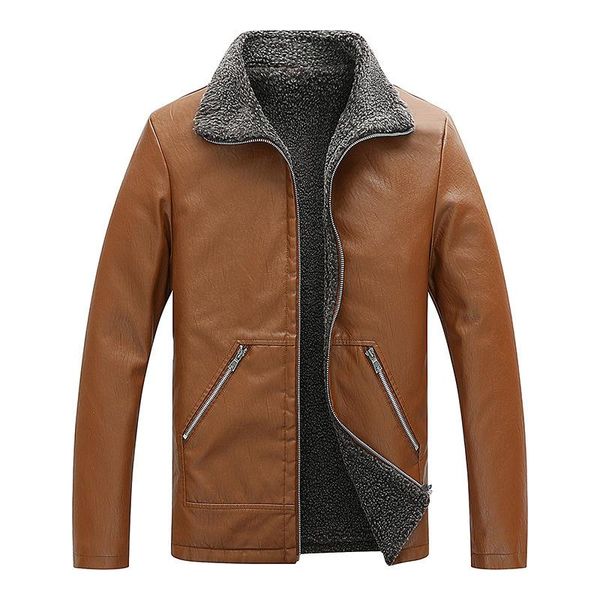 

new 2021 business casual men's leather jackets winter warm fleece coats thick outerwear zipper jacket m-5xl large number stock, Black