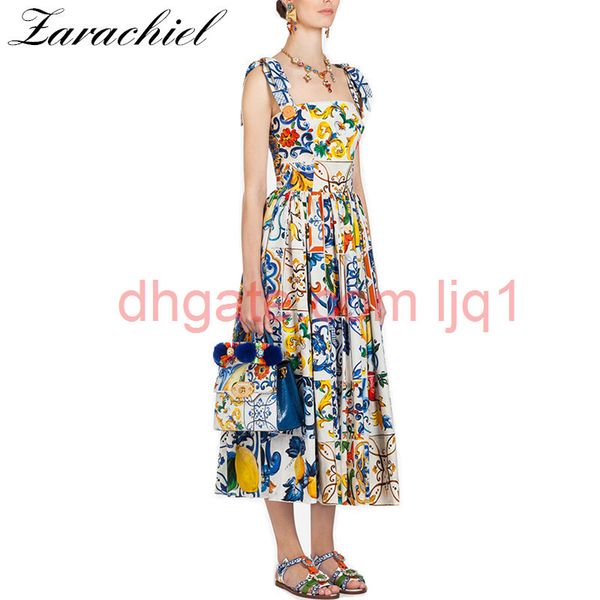 

fashion runway summer dress 2019 new women's bow spaghetti strap backless blue and white porcelain floral print long dress y200101, White;black